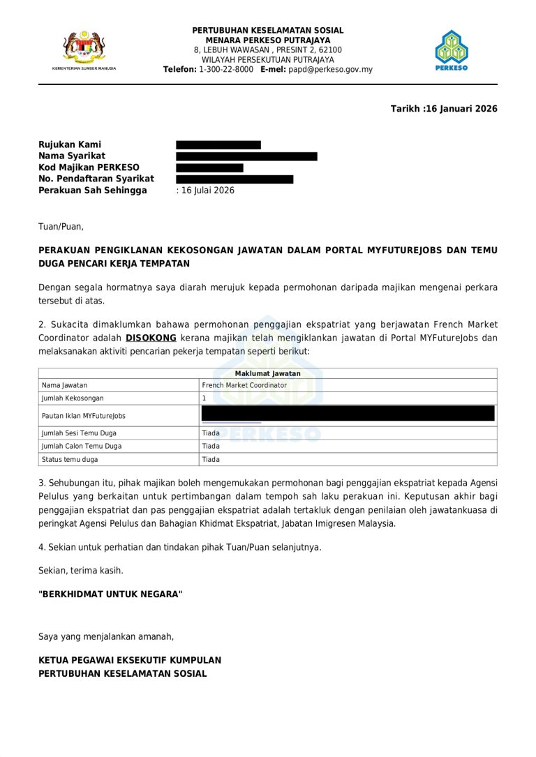 Sample MyFutureJobs Surat Perakuan Pengiklanan Letter of Support to Hire Expatriate