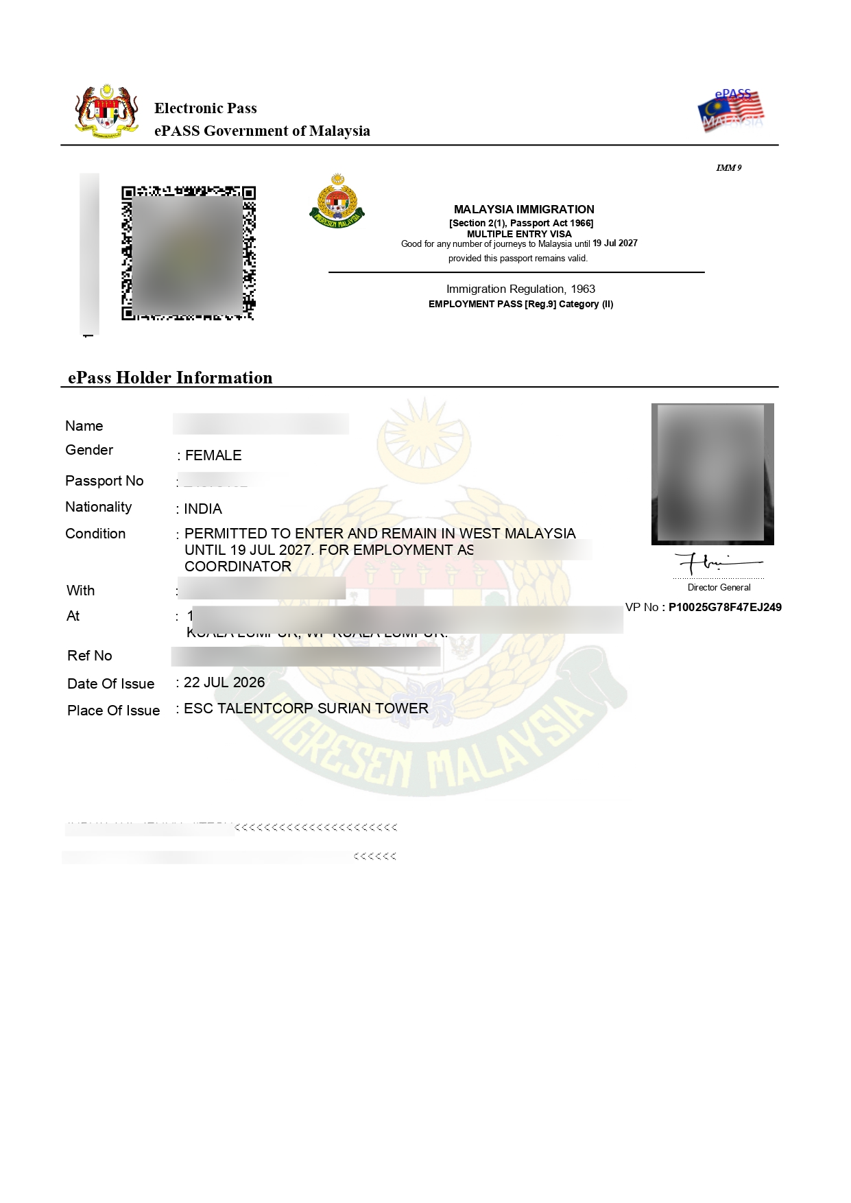 Sample category 2 Malaysian Employment Pass