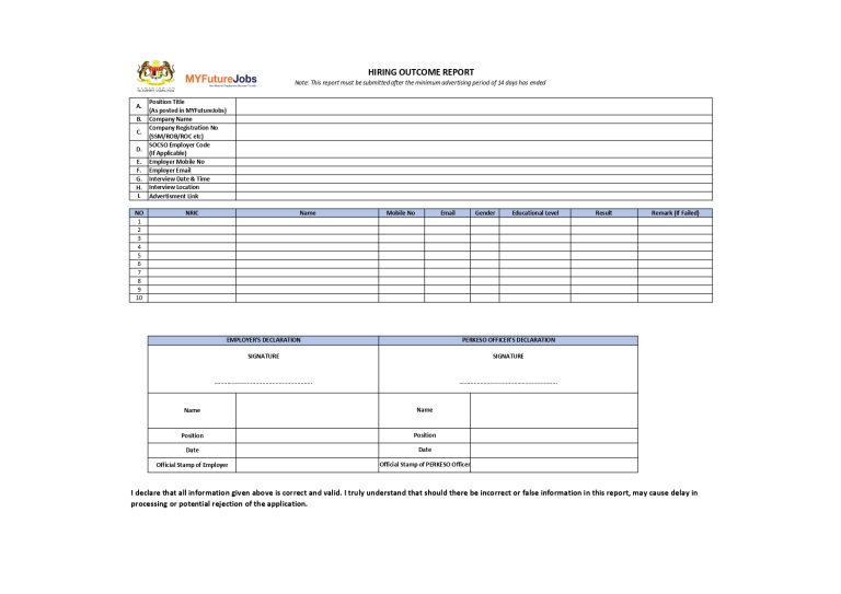Sample hiring outcome report for MyFutureJobs expatriate hiring