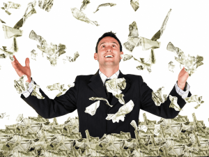 Businessman Celebrating in a Rain of Money as a humorous reference to malaysian investor visas